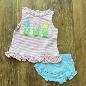 Stitchy Fish Spring Blooms Applique Diaper Set, Pink Stripe